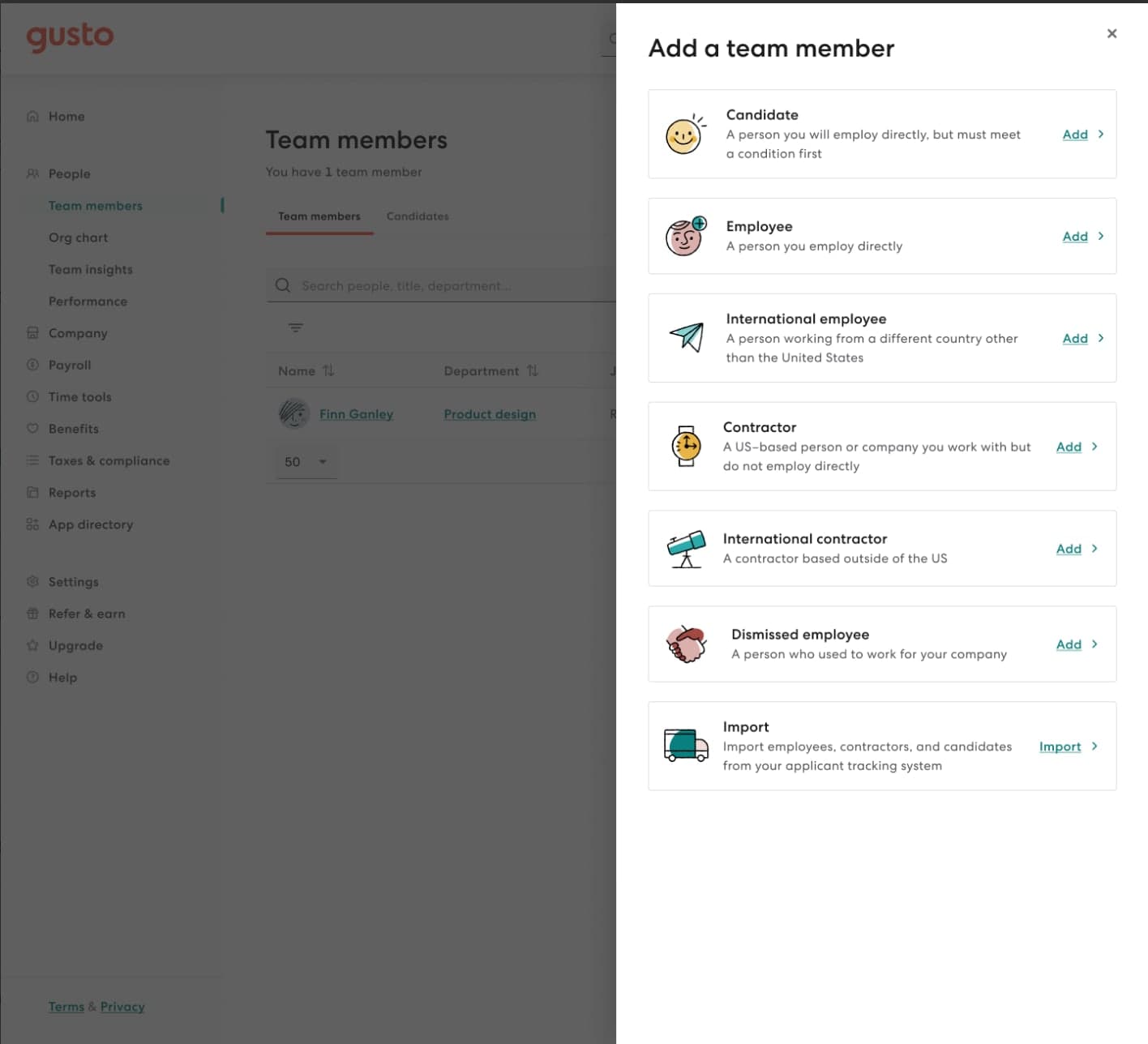 Add a team member in Gusto Global, like a U.S. employee or contractor, or international employee or contractor