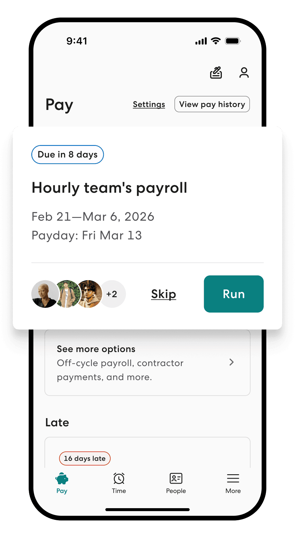 Gusto mobile app employer Pay screen with an upcoming hourly team payroll and Skip and Run action buttons.