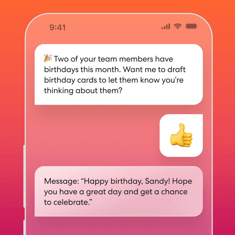 Gusto Cofounder proactively reaching out to draft a birthday message to teammates.
